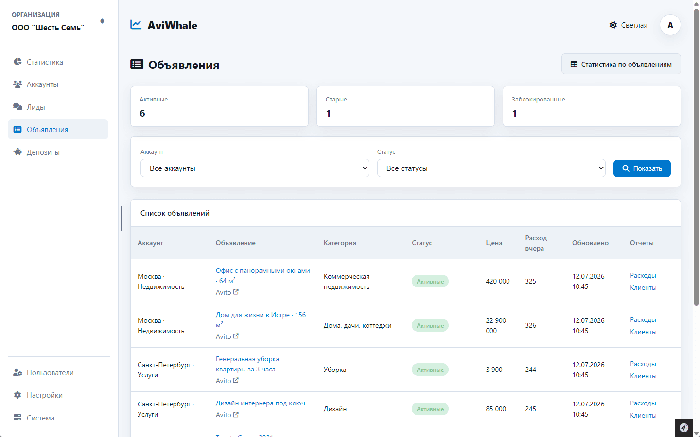 Управление объявлениями в AviWhale