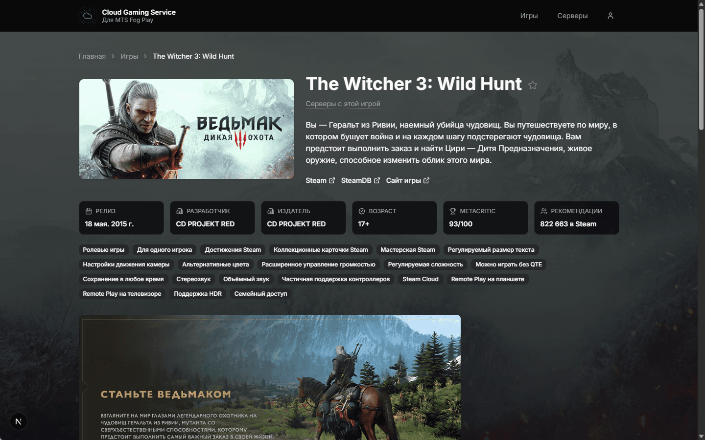Страница игры The Witcher 3 в CGSVC